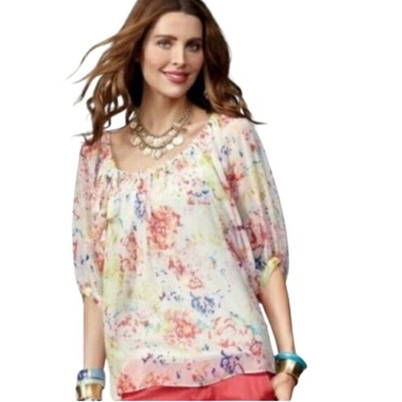 Cabi In Case Blouse White Yellow Red Blue Peasant Watercolor Floral Top 826 M - Picture 4 of 8